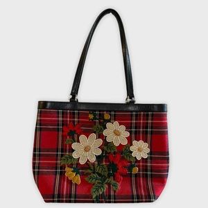 ISABELLE FIORE Red Plaid & Beaded Flowers NWOT